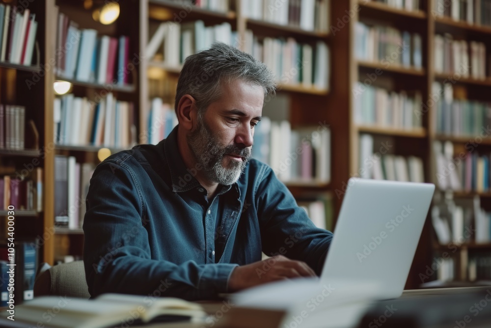 Knowledgeable teacher working on a laptop in a library surrounded by books during the day Knowledgeable teacher working on a laptop in a library surrounded by books during the day