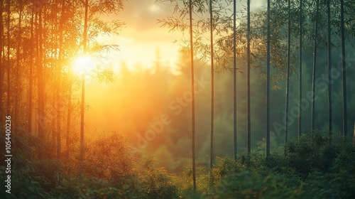 Serene bamboo forest at sunset, with warm light filtering through tall trees.