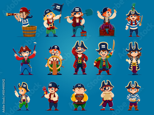 Kid pirate and corsair characters. Cartoon cute pirate boys and girls vector personages with captain hats, treasure maps and chest, hooks, swords, black flag and bandanas. Happy kid corsairs crew