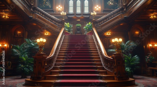 Grand Staircase with Red Carpet in an Ornate Mansion