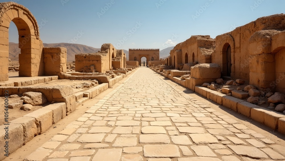 Desert fortress ruins with stone road and sun bleached walls and arches Desert fortress ruins with stone road and sun bleached walls and arches