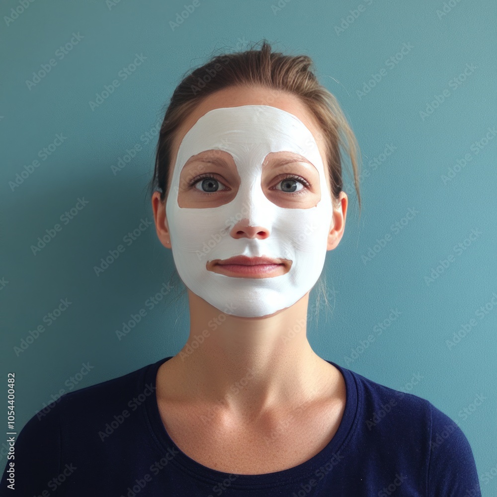 Woman with a facial mask against a blue background. Woman with a facial mask against a blue background.