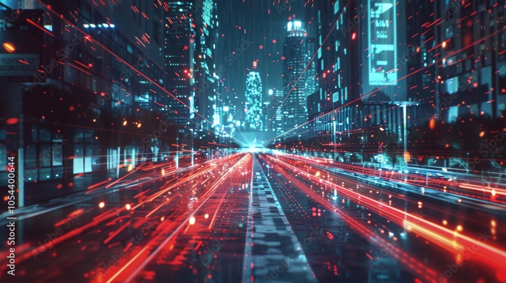 Light trails and digital data are flowing on a futuristic city street at night, showcasing the rapid advancement of technology and its integration into urban environments Light trails and digital data are flowing on a futuristic city street at night, showcasing the rapid advancement of technology and its integration into urban environments