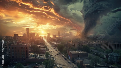 Tornado over cityscape. Natural disaster.