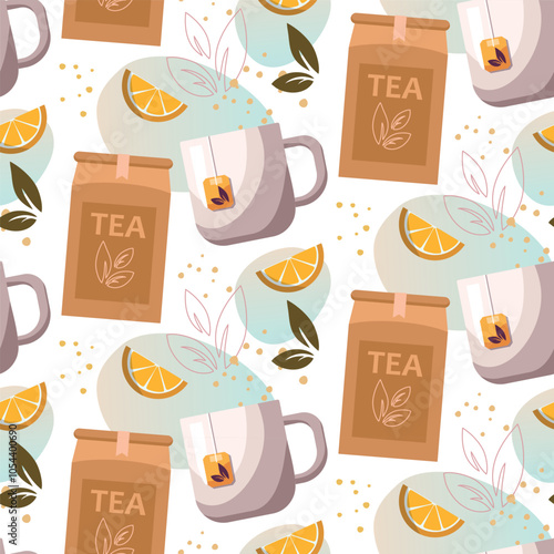 Tea pattern background. Tea cup, lemon and tea packaging on white background.