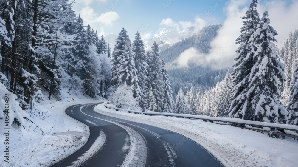 Snowy mountain road winding through alpine forest, winter scene Snowy mountain road winding through alpine forest, winter scene