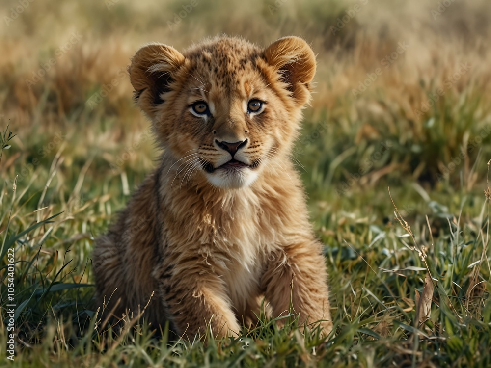 Happy lion cub sitting in the grass, joyful expression, watercolor style. Happy lion cub sitting in the grass, joyful expression, watercolor style.