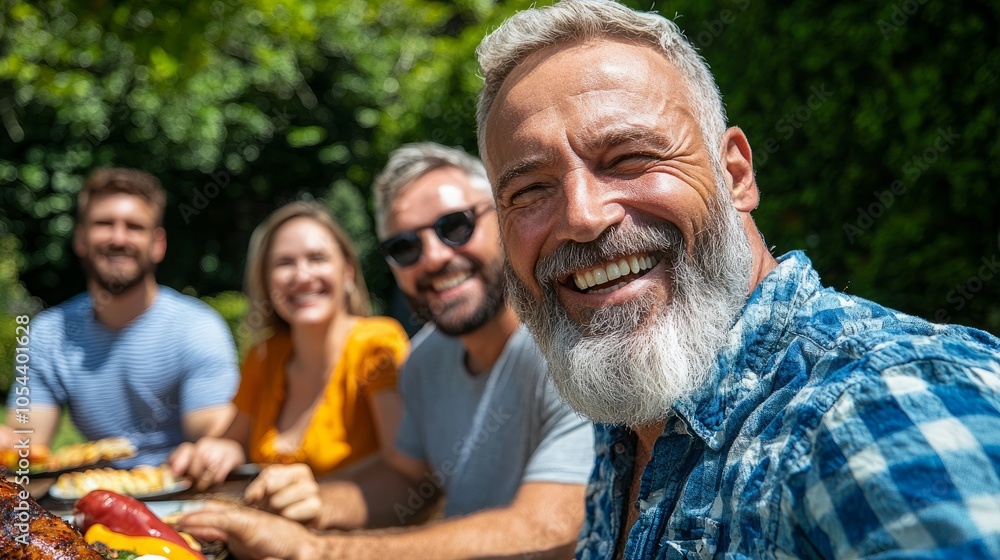 A man with a white beard smiles widely as he sits with his friends at an outdoor gathering. A man with a white beard smiles widely as he sits with his friends at an outdoor gathering.