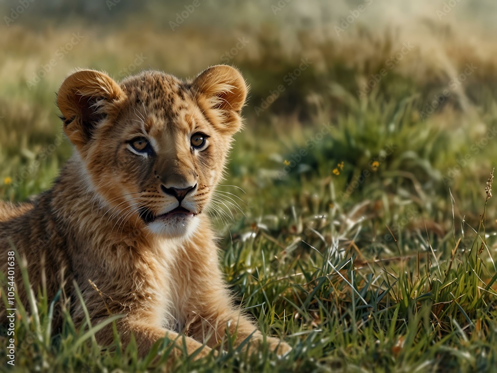 Happy lion cub sitting in the grass, joyful expression, watercolor style. Happy lion cub sitting in the grass, joyful expression, watercolor style.