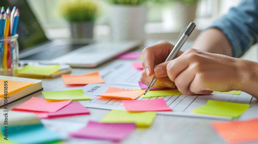 Social media content calendar spread out with post-it notes and color coding Social media content calendar spread out with post-it notes and color coding