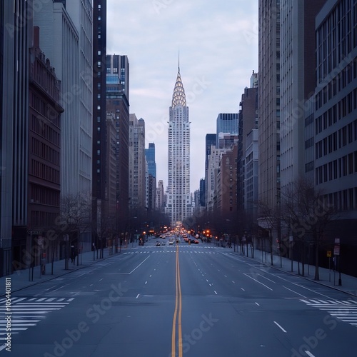 A quiet urban street view featuring the iconic skyscraper in the distance.