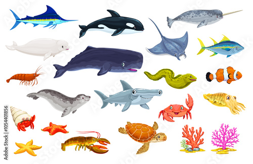 Cartoon underwater animal and fish characters. Cute sea and ocean life vector personages. Marine turtle, whale, hammerhead shark and orca, funny crab, starfish, stingray, narwhal, shrimp and corals