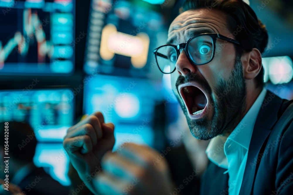 Intense moment of traders reacting in a bustling stock exchange during a market fluctuation Intense moment of traders reacting in a bustling stock exchange during a market fluctuation