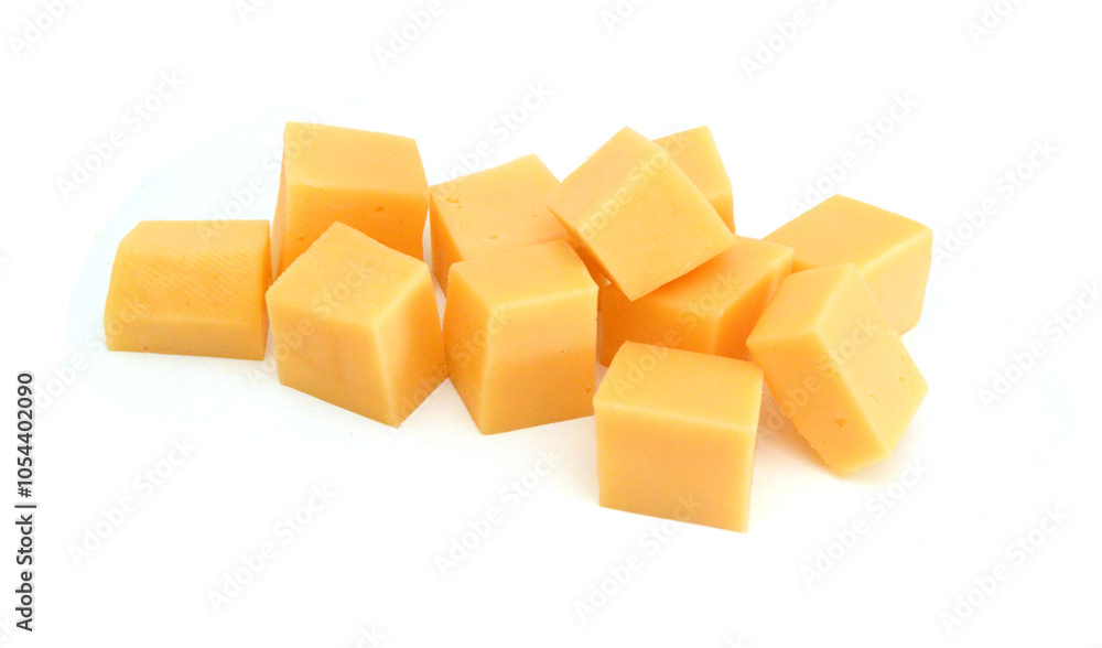 Cubes of cheddar cheese isolated on white Cubes of cheddar cheese isolated on white