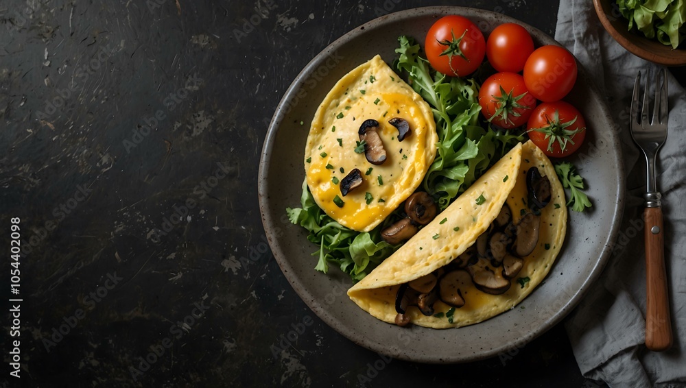 Homemade mushroom omelet and salad, flat lay on dark concrete. Homemade mushroom omelet and salad, flat lay on dark concrete.