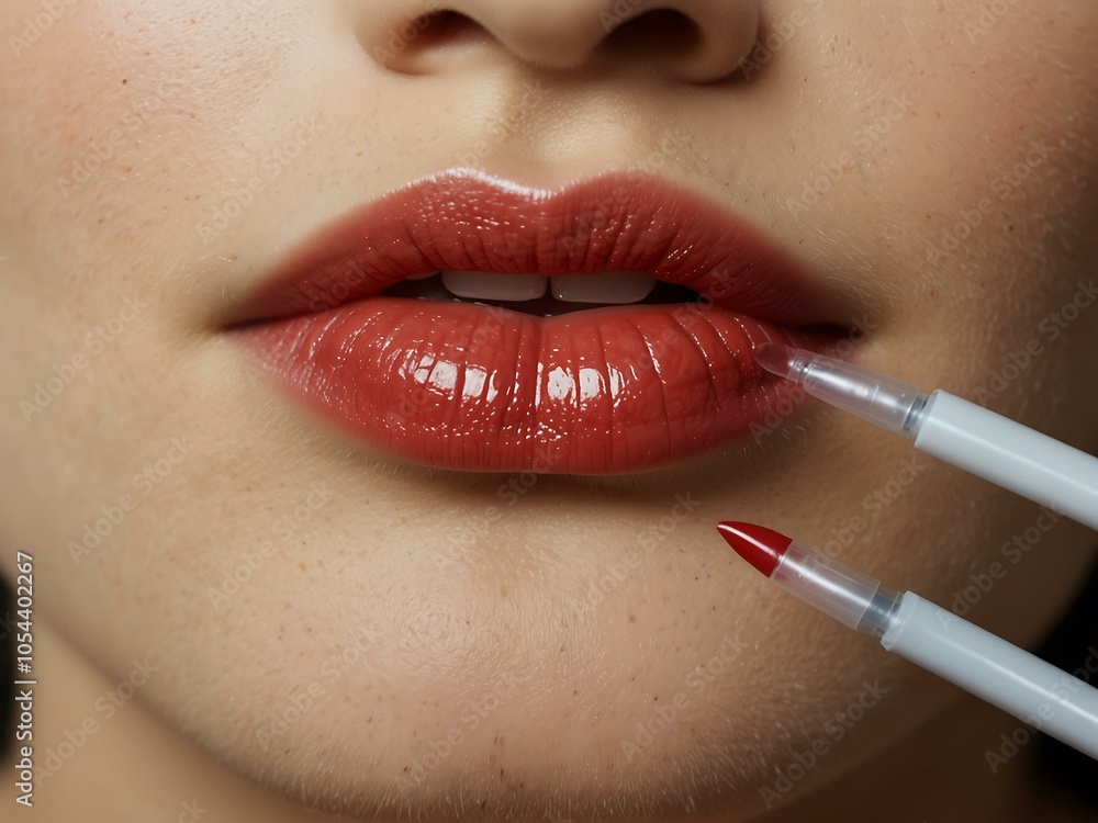 © claudunia - Human lips in a permanent makeup procedure, white background