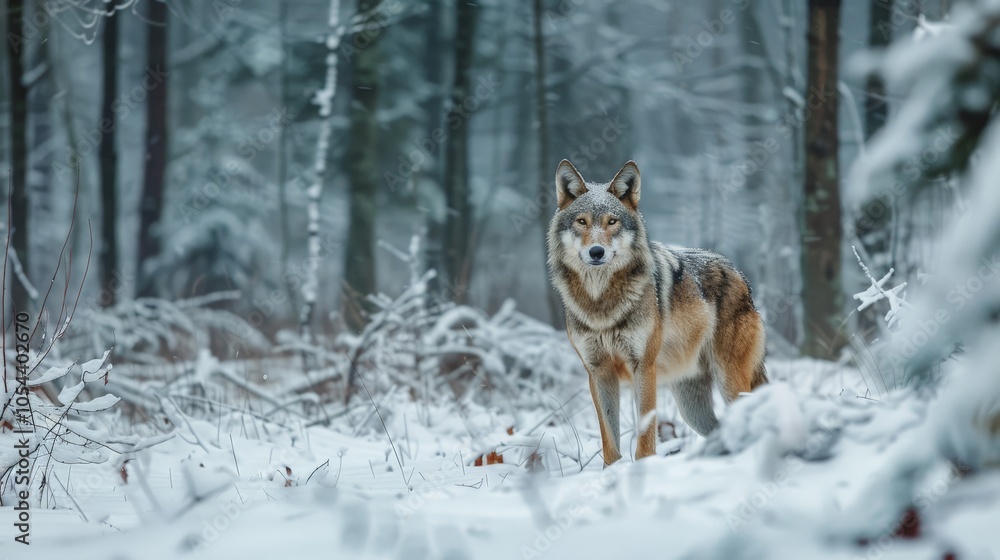 Snow-covered forest with a lone wolf, highlighting the solitude and natural habitats of Earth's wildlife Snow-covered forest with a lone wolf, highlighting the solitude and natural habitats of Earth's wildlife