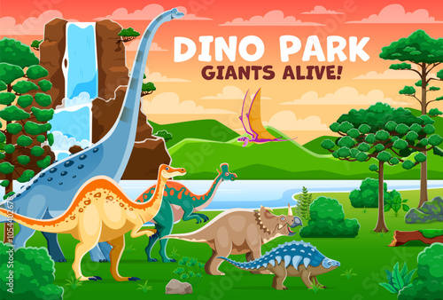Prehistoric dinosaurs dino park. Vector Jurassic era adventure park with dinosaur species amidst lush green landscape with majestic waterfall cascading down a cliff. Vibrant world of ancient reptiles