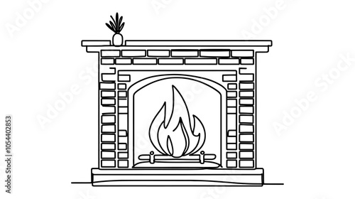 One continuous line illustration of a Christmas fireplace, isolated on white background.