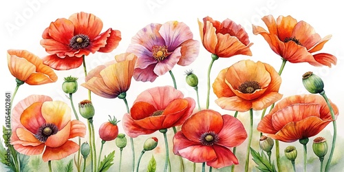 Fototapeta Naklejka Na Ścianę i Meble -  watercolor clipart flowers of poppies with separated Depth of Field
