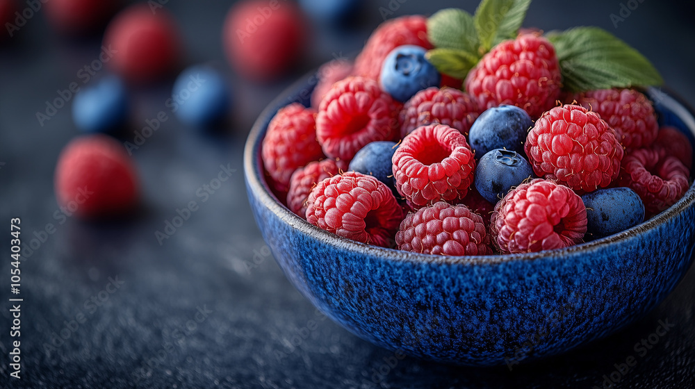Fresh Raspberries and Blueberries in a Bowl Close-Up on Blue Background. Banner with copy space. Fresh Raspberries and Blueberries in a Bowl Close-Up on Blue Background. Banner with copy space.