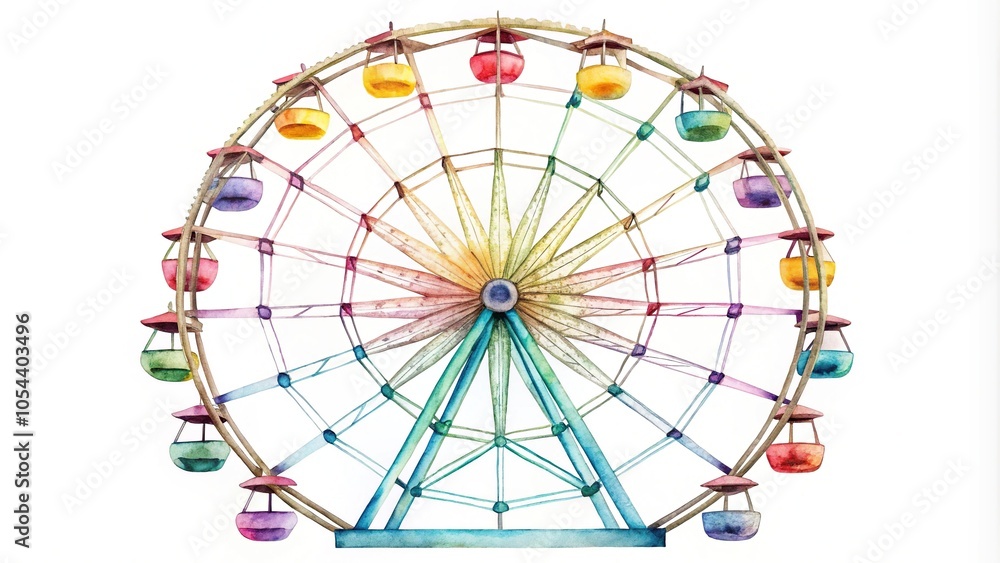 watercolor clipart of a symmetrical Ferris wheel isolated on white background