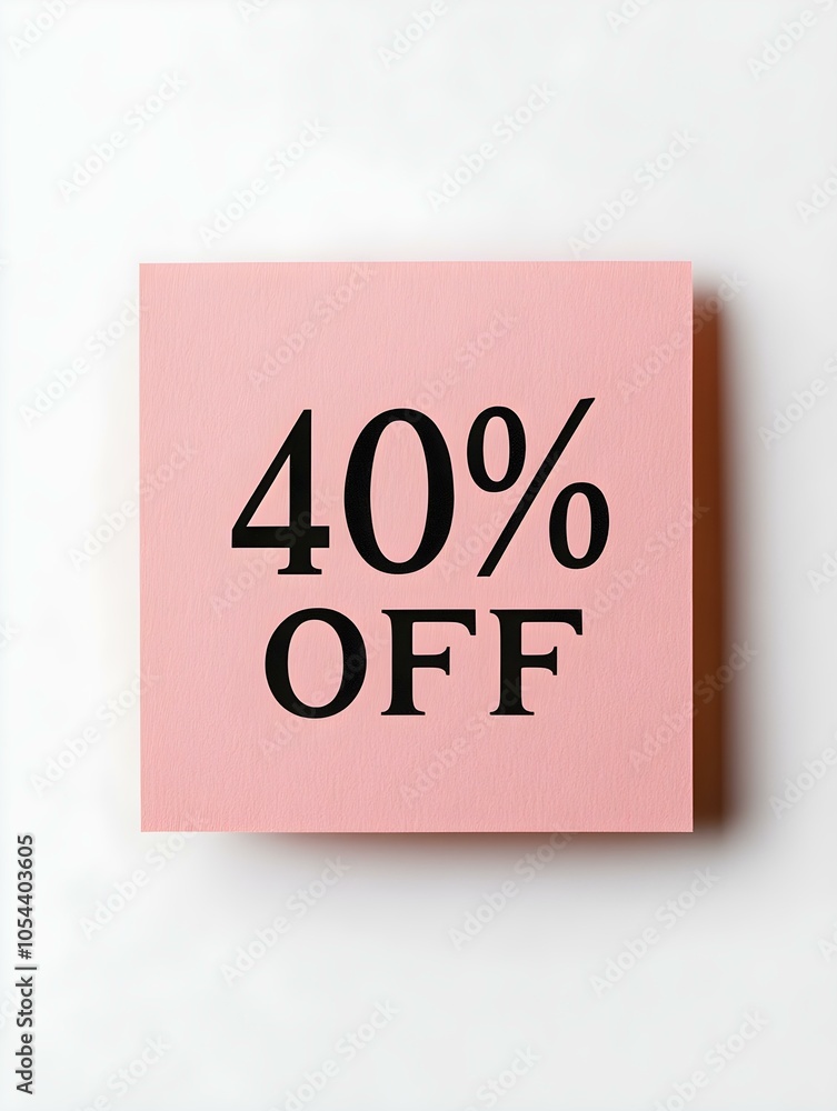 Black '40% OFF' Text on a Light Pink Square Paper Note. White Background Black '40% OFF' Text on a Light Pink Square Paper Note. White Background