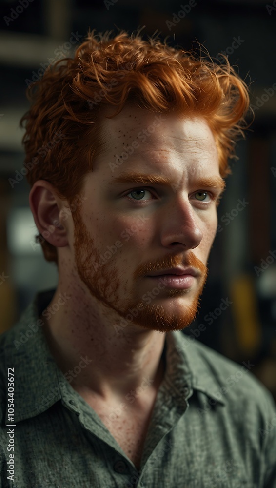 Light-textured red-haired man working in an industry. Light-textured red-haired man working in an industry.