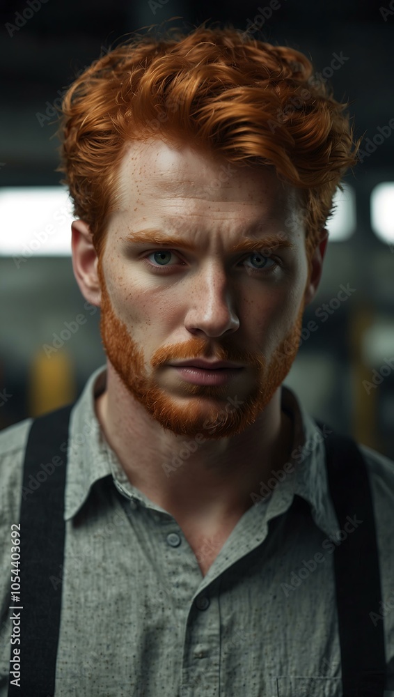Light-textured red-haired man working in an industry. Light-textured red-haired man working in an industry.