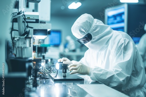 Research factory cleanroom engineer conducting experiments in a controlled environment with advanced technology