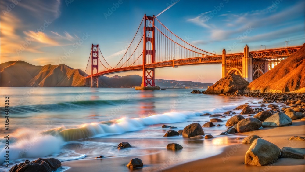 Fototapeta premium Golden Gate Bridge Sunrise Ocean Waves Rocks