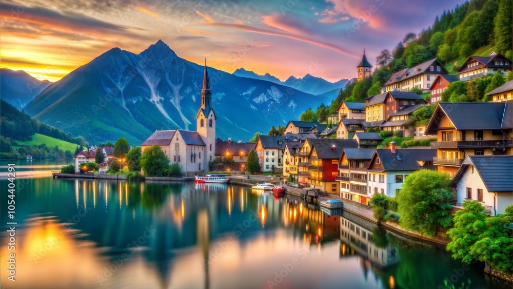 Picturesque Alpine Village at Sunset with Church Picturesque Alpine Village at Sunset with Church