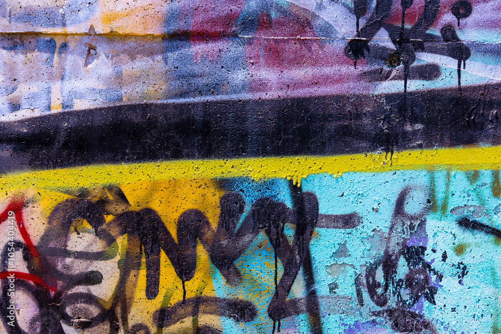 Fototapeta premium Closeup of colorful teal, yellow, black urban wall texture. Modern pattern for wallpaper design. Creative modern urban city background for advertising mockups. Grunge messy street style background