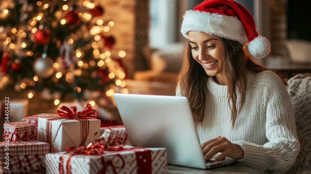 A woman wearing a Santa hat sits at a table and smiles while shopping online. A Christmas tree with presents underneath is blurred in the background. A woman wearing a Santa hat sits at a table and smiles while shopping online. A Christmas tree with presents underneath is blurred in the background.