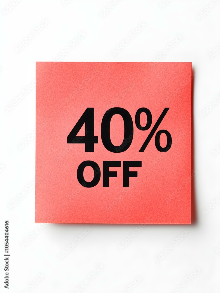 Black '40% OFF' Text on a Light Red Square Paper Note. White Background Black '40% OFF' Text on a Light Red Square Paper Note. White Background