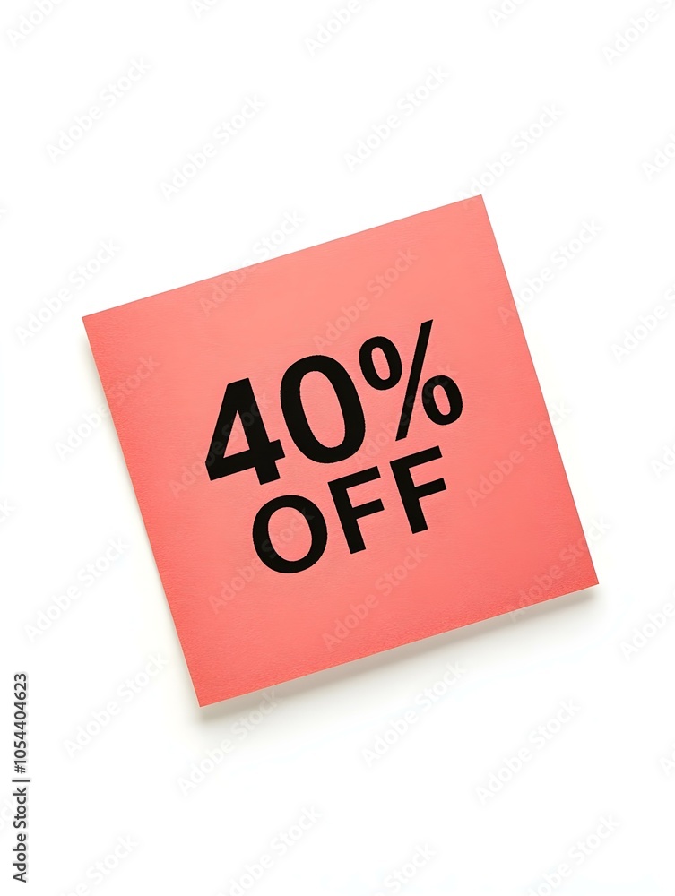 Black '40% OFF' Text on a Light Red Square Paper Note. White Background Black '40% OFF' Text on a Light Red Square Paper Note. White Background