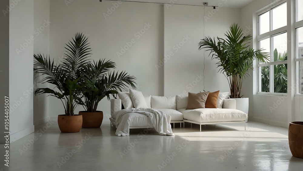 Minimalist white interior with tropical plants Minimalist white interior with tropical plants