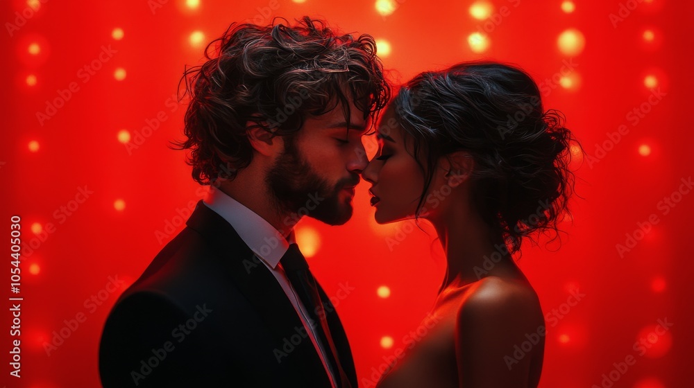 Romantic couple sharing an intimate moment against a vibrant red backdrop illuminated by lights Romantic couple sharing an intimate moment against a vibrant red backdrop illuminated by lights
