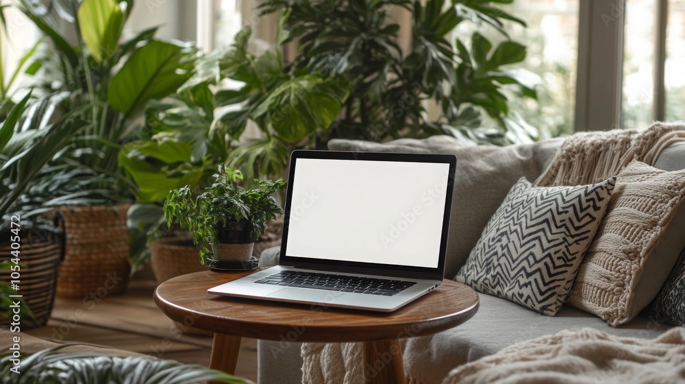A stylish indoor workspace featuring a laptop on a wooden table. The area is adorned with various houseplants and soft cushions, creating a warm and inviting atmosphere during the day. A stylish indoor workspace featuring a laptop on a wooden table. The area is adorned with various houseplants and soft cushions, creating a warm and inviting atmosphere during the day.