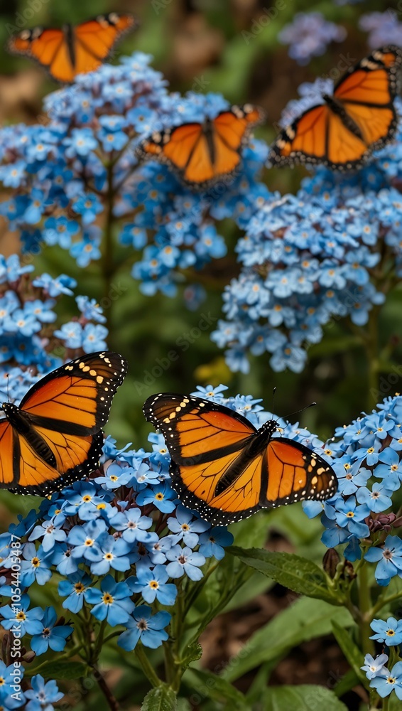 Monarch butterflies fluttering over vibrant blue forget-me-nots. Monarch butterflies fluttering over vibrant blue forget-me-nots.