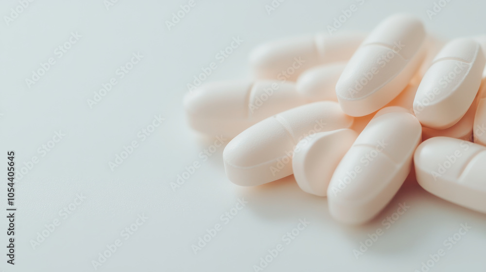 White medicine capsules arranged on a light surface, suggesting pharmaceutical preparations for health and wellness White medicine capsules arranged on a light surface, suggesting pharmaceutical preparations for health and wellness
