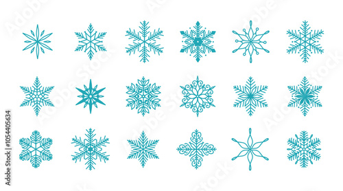 Unique snowflakes set, detailed hand drawn flat vector line illustration. Graphic outline doodle drawing. Christmas and New Year symbol. Beautiful snowflake silhouette icon for frosty winter designs.