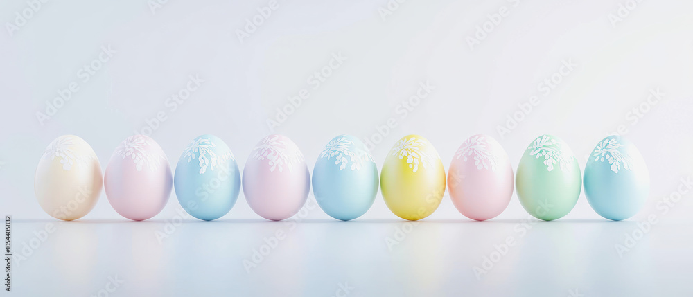 Fototapeta premium Pastel Easter eggs arranged in a colorful banner for spring celebrations, brightly lit and elegantly designed for festive decoration
