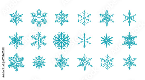 Unique snowflakes set, detailed hand drawn flat vector line illustration. Graphic outline doodle drawing. Christmas and New Year symbol. Beautiful snowflake silhouette icon for frosty winter designs.