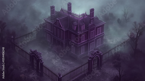 Haunted mansion exterior with boarded windows, creaky gate, illustration art photo