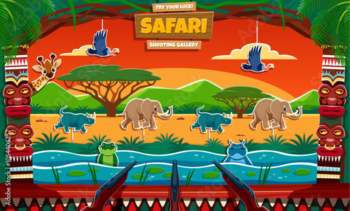 Safari hunting, carnival shoot game, shooting range in amusement park. Vector cartoon shooting game gallery of carnival booth with african animal targets in savannah nature landscape background frame