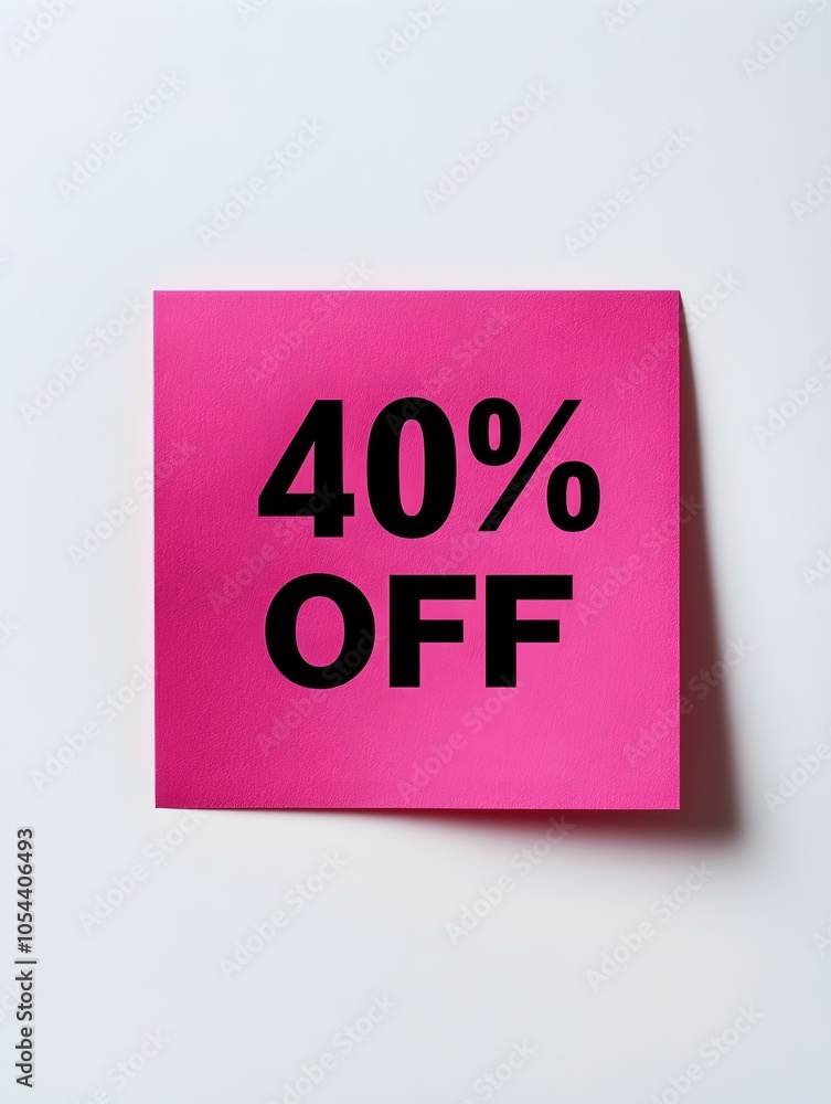 Black '40% OFF' Text on a Magenta Square Paper Note. White Background Black '40% OFF' Text on a Magenta Square Paper Note. White Background
