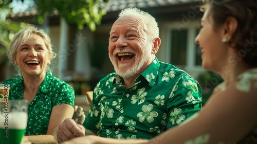 A group of friends, including an older man with a white beard, enjoy a day out together. The man laughs heartily, wearing a bright green shirt with shamrock patterns.