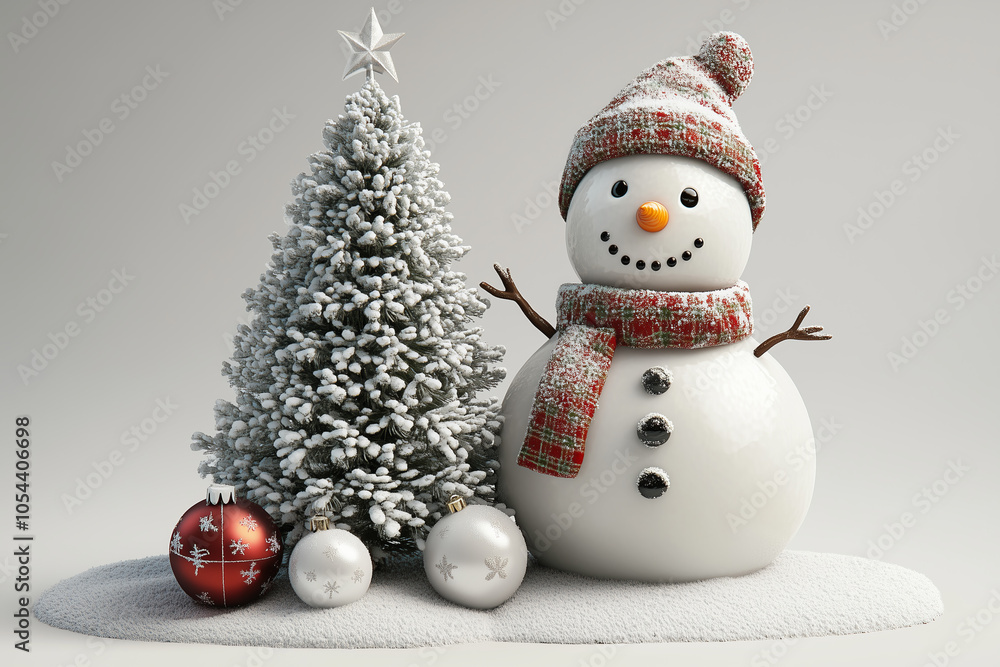 Fototapeta premium Snowmen stand next to a small Christmas tree on the snow