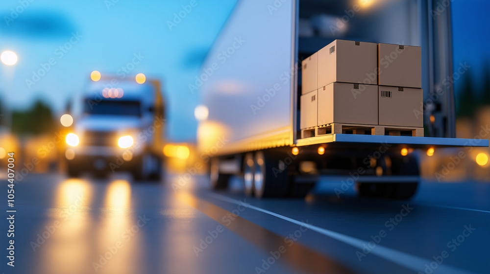 Semi Truck Delivery Cargo Boxes Nighttime Shipping Logistics Transportation Semi Truck Delivery Cargo Boxes Nighttime Shipping Logistics Transportation